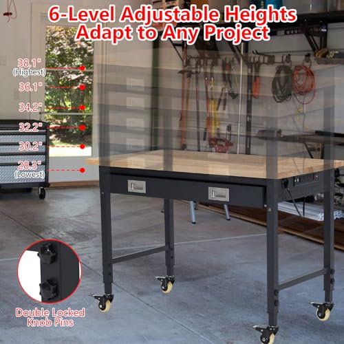 Heavy-Duty Adjustable Workbench with Drawer and Metal Frame