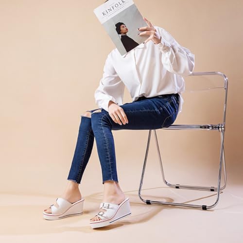 ALLINNINE Wedge Sandals for Women Open Toe Heels Double Buckle Heeled Espadrille Sandals Canvas Slip on Peep Toe Mules Casual Summer Shoes(D-Buckle Red,8)