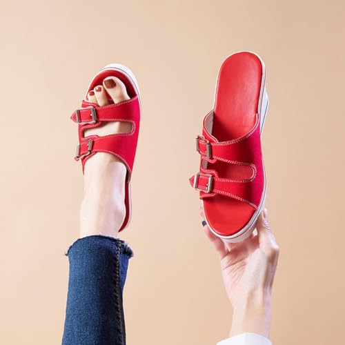ALLINNINE Wedge Sandals for Women Open Toe Heels Double Buckle Heeled Espadrille Sandals Canvas Slip on Peep Toe Mules Casual Summer Shoes(D-Buckle Red,8)