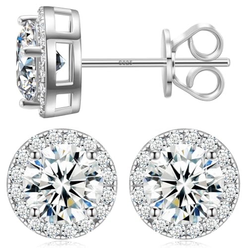 4 Carats Moissanite Halo Earrings 8MM Moissanite Stud Earrings for Men, 18k White Gold Plated 925 Sterling Silver Women's Diamond Stud Earrings D Color VVS1 Brilliant Cut Simulated Diamond Studs with Push Back Hypoallergenic Earrings