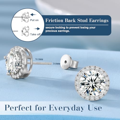 4 Carats Moissanite Halo Earrings 8MM Moissanite Stud Earrings for Men, 18k White Gold Plated 925 Sterling Silver Women's Diamond Stud Earrings D Color VVS1 Brilliant Cut Simulated Diamond Studs with Push Back Hypoallergenic Earrings