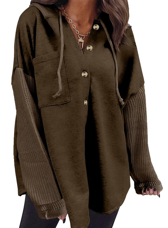 SHEWIN Womens Oversized Sweatshirt Hoodies Casual Long Sleeve Solid Button Down Hooded Jackets for Women Casual Fall Outfits with Pockets,(US 16-18) XL,Dark Brown