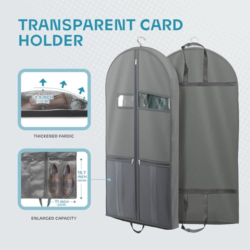 Lazebox Garment Bags for Travel and Closet Storage with Zipper Pocket, Heavy Duty Waterproof Hanging Suit Bag with Handles for Suits, Coats, Jackets, Shirts, 1 pack, Gray