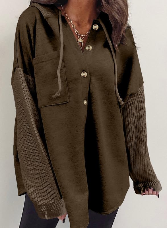 SHEWIN Womens Oversized Sweatshirt Hoodies Casual Long Sleeve Solid Button Down Hooded Jackets for Women Casual Fall Outfits with Pockets,(US 16-18) XL,Dark Brown