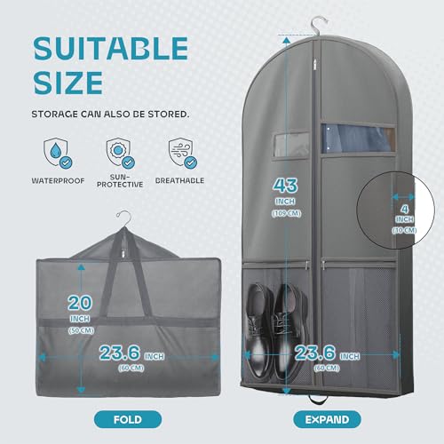 Lazebox Garment Bags for Travel and Closet Storage with Zipper Pocket, Heavy Duty Waterproof Hanging Suit Bag with Handles for Suits, Coats, Jackets, Shirts, 1 pack, Gray