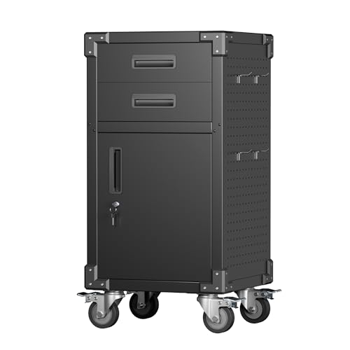 Metal Storage Cabinet with Drawers, Locking Door, Wheels