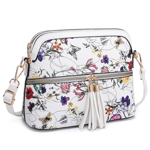 Dasein Women Tassel Zipper Pocket Crossbody Bag Shoulder Purse Fashion Travel Bag with Multi Pockets (00-White Floral)