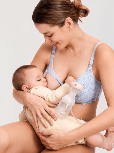MOMANDA Women's Pumping Bra Hands Free Lace Nursing Bras Cute Support Maternity Breastfeeding Breast Pump Bra Glacier blue 36D