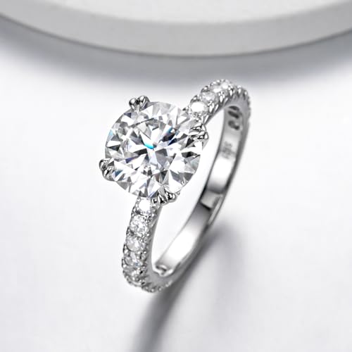 2ct Moissanite Round Cut Lab Created Diamond Engagement Ring Solitaire D Color VVS1 White Gold Plated Sterling Silver Promise Rings for Women Size 6