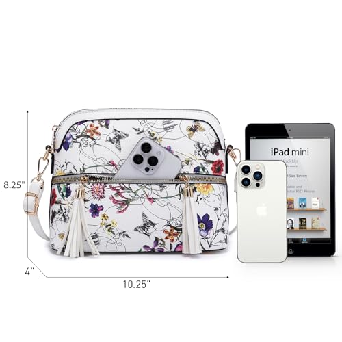 Dasein Women Tassel Zipper Pocket Crossbody Bag Shoulder Purse Fashion Travel Bag with Multi Pockets (00-White Floral)