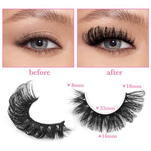 False Eyelashes Fluffy Russian Strip Lashes D Curl Fake Eyelashes Extension Wispy Cat Eye Lashes Handmade Soft Reusable 14 Pairs Lashes Pack