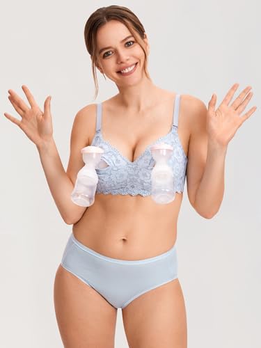 MOMANDA Women's Pumping Bra Hands Free Lace Nursing Bras Cute Support Maternity Breastfeeding Breast Pump Bra Glacier blue 36D