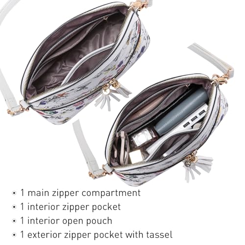 Dasein Women Tassel Zipper Pocket Crossbody Bag Shoulder Purse Fashion Travel Bag with Multi Pockets (00-White Floral)