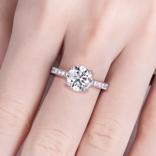 2ct Moissanite Round Cut Lab Created Diamond Engagement Ring Solitaire D Color VVS1 White Gold Plated Sterling Silver Promise Rings for Women Size 6