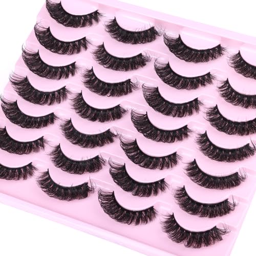 False Eyelashes Fluffy Russian Strip Lashes D Curl Fake Eyelashes Extension Wispy Cat Eye Lashes Handmade Soft Reusable 14 Pairs Lashes Pack