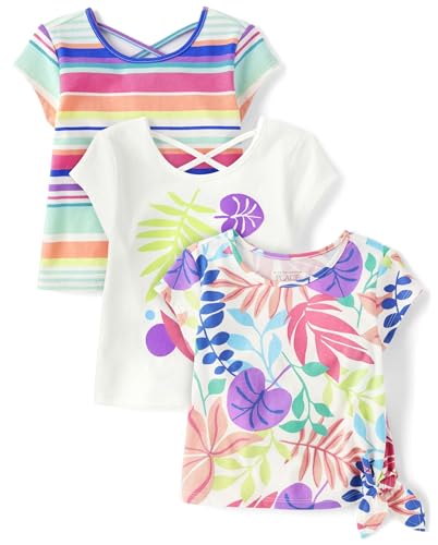 The Children's Place Baby Girls' and Toddler Short Sleeve Everyday T-Shirts, Summer Stripe 3-Pack, 3T