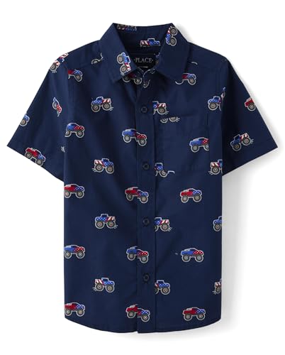 The Children's Place Boys' Short Sleeve Button Down Shirt, America Monster Trucks