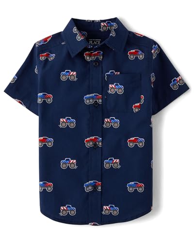 The Children's Place Baby Boys' and Toddler Short Sleeve Button Up Shirt, America Monster Trucks, 9-12 Months