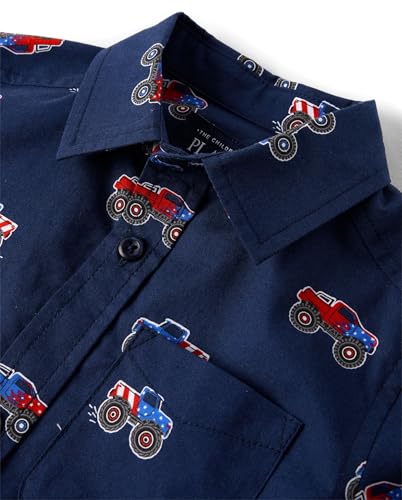 The Children's Place Baby Boys' and Toddler Short Sleeve Button Up Shirt, America Monster Trucks, 9-12 Months