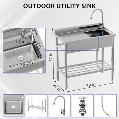 Commercial Stainless Steel Free Standing Kitchen Sink Utility Set