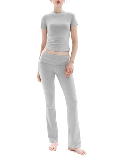 PUMIEY Lounge Sets for Women Two Piece Sets Fold-Over Flare Pants Crew Neck Short Sleeve T-shirts Loungewear Tracksuit, Heather Grey Medium