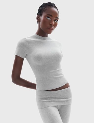PUMIEY Lounge Sets for Women Two Piece Sets Fold-Over Flare Pants Crew Neck Short Sleeve T-shirts Loungewear Tracksuit, Heather Grey Medium