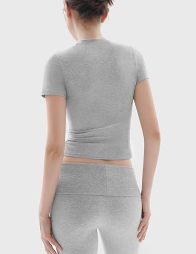 PUMIEY Lounge Sets for Women Two Piece Sets Fold-Over Flare Pants Crew Neck Short Sleeve T-shirts Loungewear Tracksuit, Heather Grey Medium