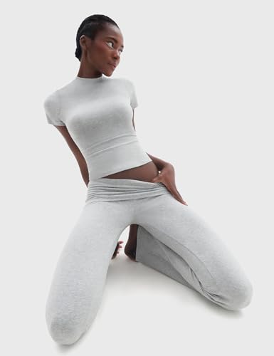 PUMIEY Lounge Sets for Women Two Piece Sets Fold-Over Flare Pants Crew Neck Short Sleeve T-shirts Loungewear Tracksuit, Heather Grey Medium
