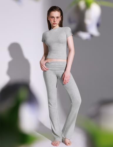 PUMIEY Lounge Sets for Women Two Piece Sets Fold-Over Flare Pants Crew Neck Short Sleeve T-shirts Loungewear Tracksuit, Heather Grey Medium