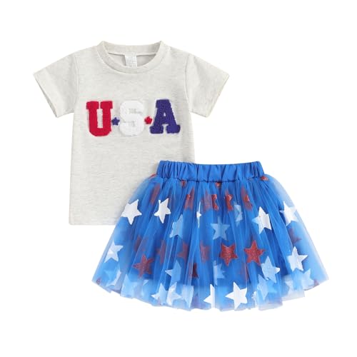 Socutebabe 4th of July Toddler Little Girl Outfit USA T-Shirt And Tulle Skirts Girls Dress Fourth Of July Clothes (USA Stars Blue, 6-7 Years)