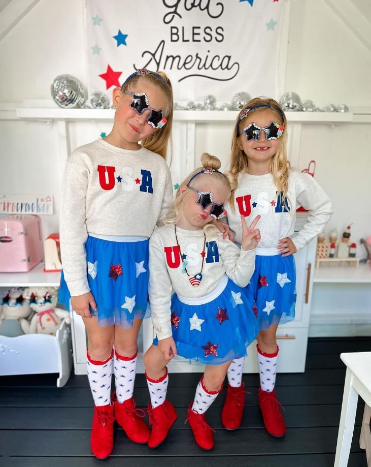 Socutebabe 4th of July Toddler Little Girl Outfit USA T-Shirt And Tulle Skirts Girls Dress Fourth Of July Clothes (USA Stars Blue, 6-7 Years)