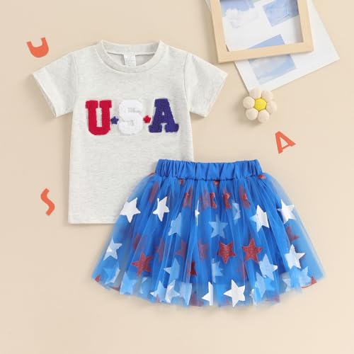 Socutebabe 4th of July Toddler Little Girl Outfit USA T-Shirt And Tulle Skirts Girls Dress Fourth Of July Clothes (USA Stars Blue, 6-7 Years)