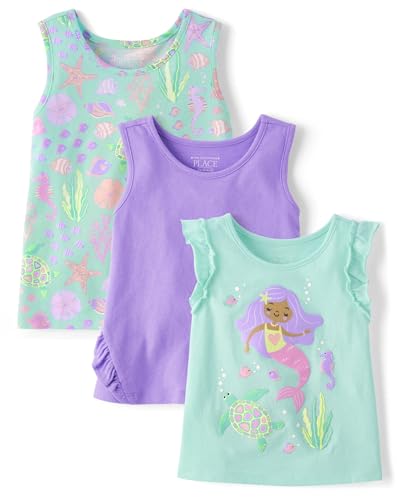 The Children's Place Baby Girls Everyday Infant-and-Toddler-Tank-top-and-cami-Shirts, Purple Mermaid 3-Pack, 4T US