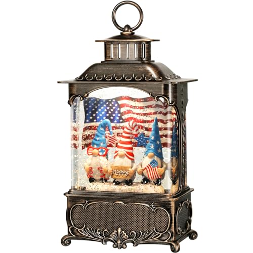 Priddop Gnome Snow Globe Lantern 4th of July Decorations with Timer, USB and Battery Powered 4th of July Shirts Patriotic Gnomes and American Flag Independence Day 10.2 inch