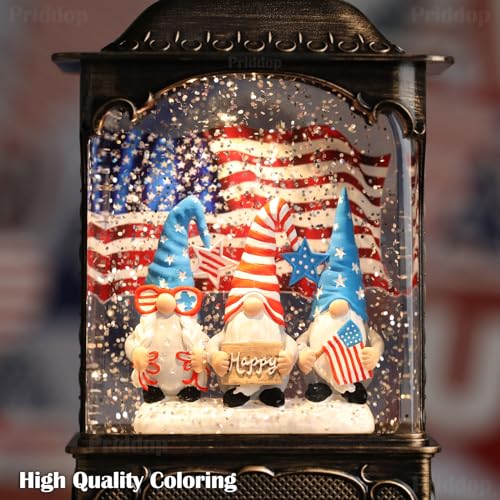 Priddop Gnome Snow Globe Lantern 4th of July Decorations with Timer, USB and Battery Powered 4th of July Shirts Patriotic Gnomes and American Flag Independence Day 10.2 inch
