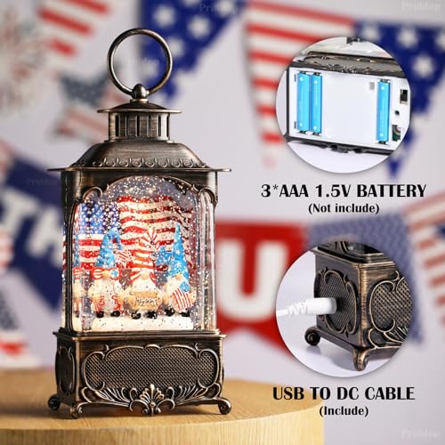 Priddop Gnome Snow Globe Lantern 4th of July Decorations with Timer, USB and Battery Powered 4th of July Shirts Patriotic Gnomes and American Flag Independence Day 10.2 inch