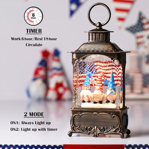 Priddop Gnome Snow Globe Lantern 4th of July Decorations with Timer, USB and Battery Powered 4th of July Shirts Patriotic Gnomes and American Flag Independence Day 10.2 inch