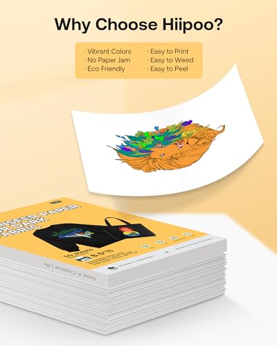 Hiipoo Heat Transfer Paper for T Shirts 25 Sheets, 8.5"x11" Printable Heat Transfer Vinyl for Inkjet Printer Iron on Transfers for Dark Fabric