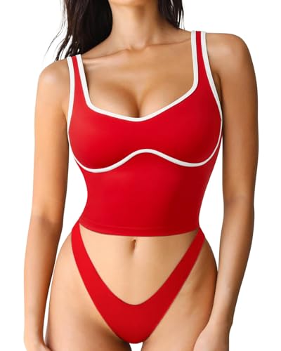 SUUKSESS Women Sweetheart Neckline Longline Sports Bra Padded Basic Workout Crop Tank Top (Red, S)
