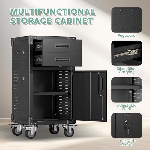 Metal Storage Cabinet with Drawers, Locking Door, Wheels