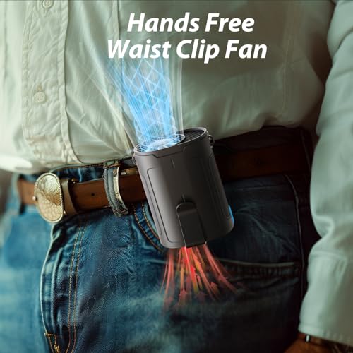 Rechargeable Waist Fan, Portable Fan with 25H Battery Life, 4 Speed Adjustable Belt Fan, 6600 RPM Strong Personal Cool Clip Fan Under Shirt for Farm Work Fishing Hiking - Black