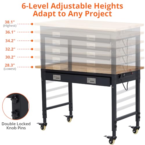 Heavy-Duty Adjustable Workbench with Drawer and Metal Frame