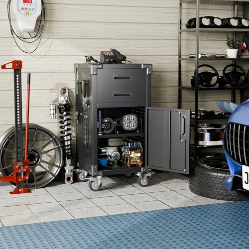Metal Storage Cabinet with Drawers, Locking Door, Wheels