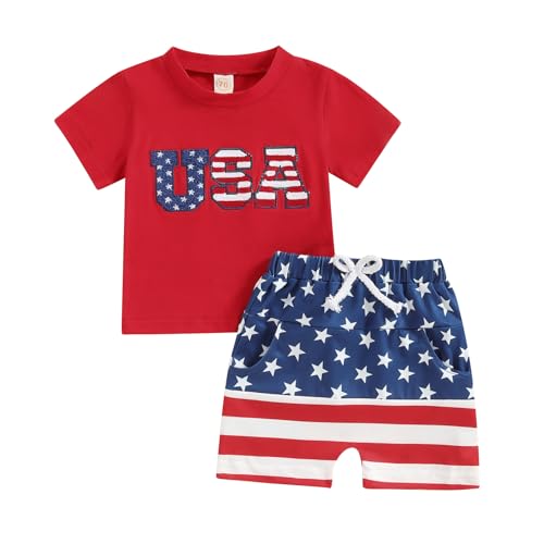 Toddler Baby Boy 4th of July Outfit Summer Clothes Short Sleeve Letter T Shirt Tops Newborn Rolled Shorts Set (USA-Red, 18-24 Months)