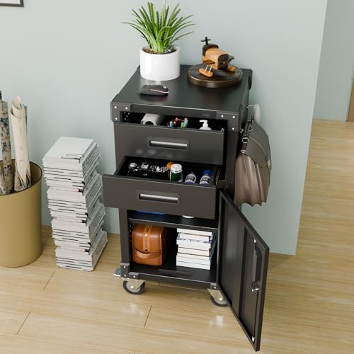 Metal Storage Cabinet with Drawers, Locking Door, Wheels