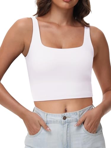 Women's Double Lined Square Neck Tank Tops Sleeveless Workout Fitness Casual Basic Crop Tops White