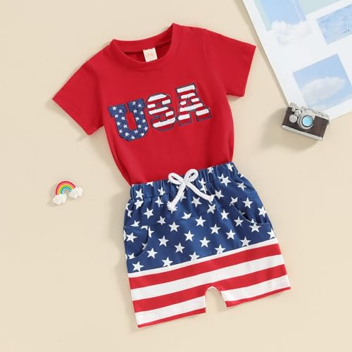 Toddler Baby Boy 4th of July Outfit Summer Clothes Short Sleeve Letter T Shirt Tops Newborn Rolled Shorts Set (USA-Red, 18-24 Months)