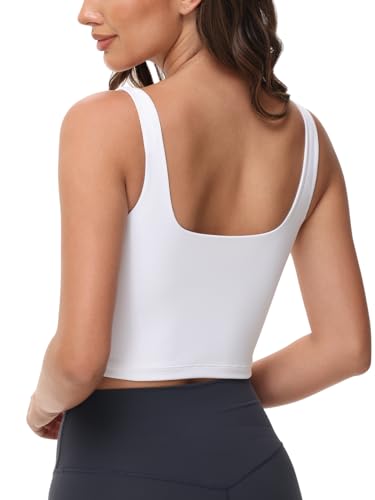Women's Double Lined Square Neck Tank Tops Sleeveless Workout Fitness Casual Basic Crop Tops White
