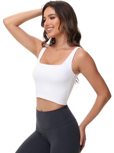 Women's Double Lined Square Neck Tank Tops Sleeveless Workout Fitness Casual Basic Crop Tops White