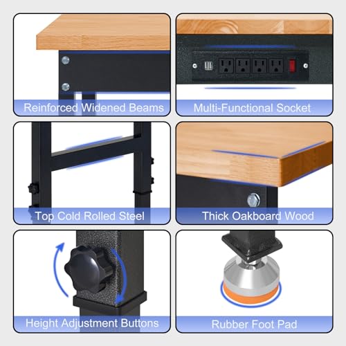 48" Heavy-Duty Adjustable Workbench with Power Outlets